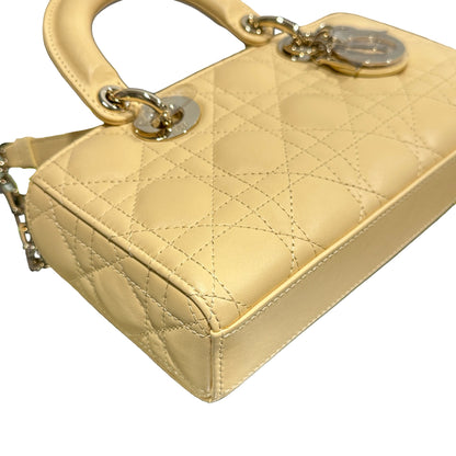 Used DIOR Lambskin Leather LADY D-JOY MINI Two Way Shoulder Bag Yellow PHW