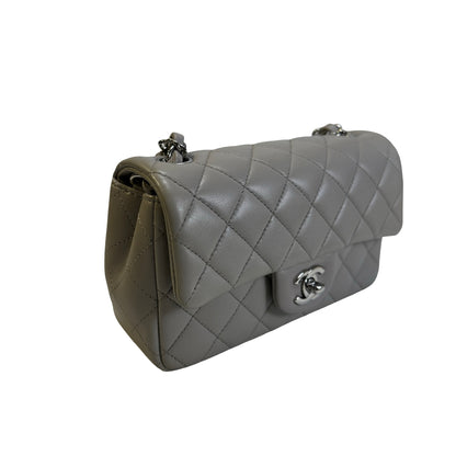 Used CHANEL Quilted Lambskin Mini Rectangular Flap Bag Shoulder Bag Grey Silver Hardware