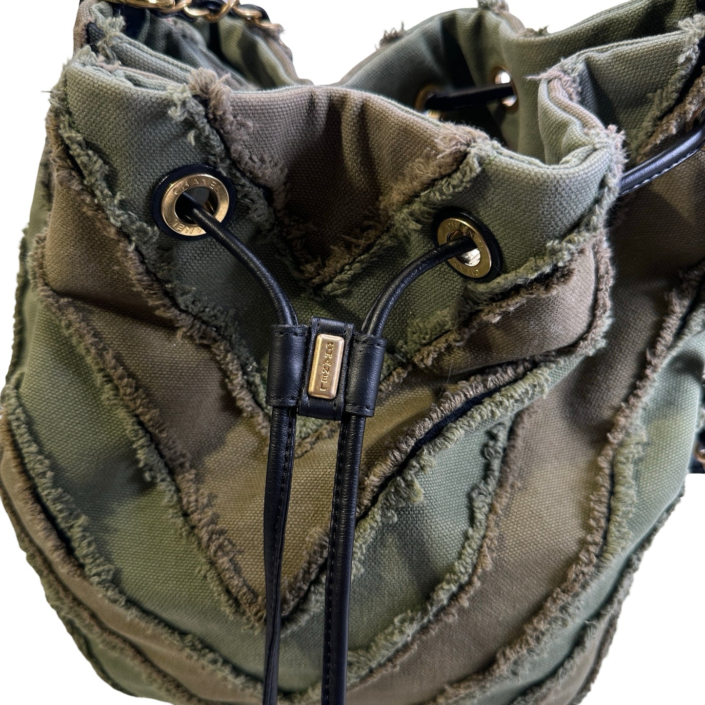 Used CHANEL Chevron Fringed Canvas Chevron Fringed Canvas Drawstring Bucket Bag Drawstring Bag Olive Green