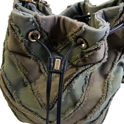 Used CHANEL Chevron Fringed Canvas Chevron Fringed Canvas Drawstring Bucket Bag Drawstring Bag Olive Green
