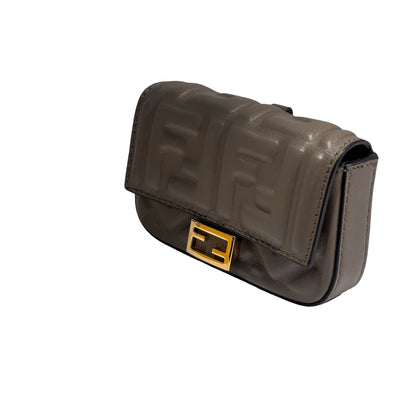Used FENDI FF Leather Baguette Mini Bag Grey Gold