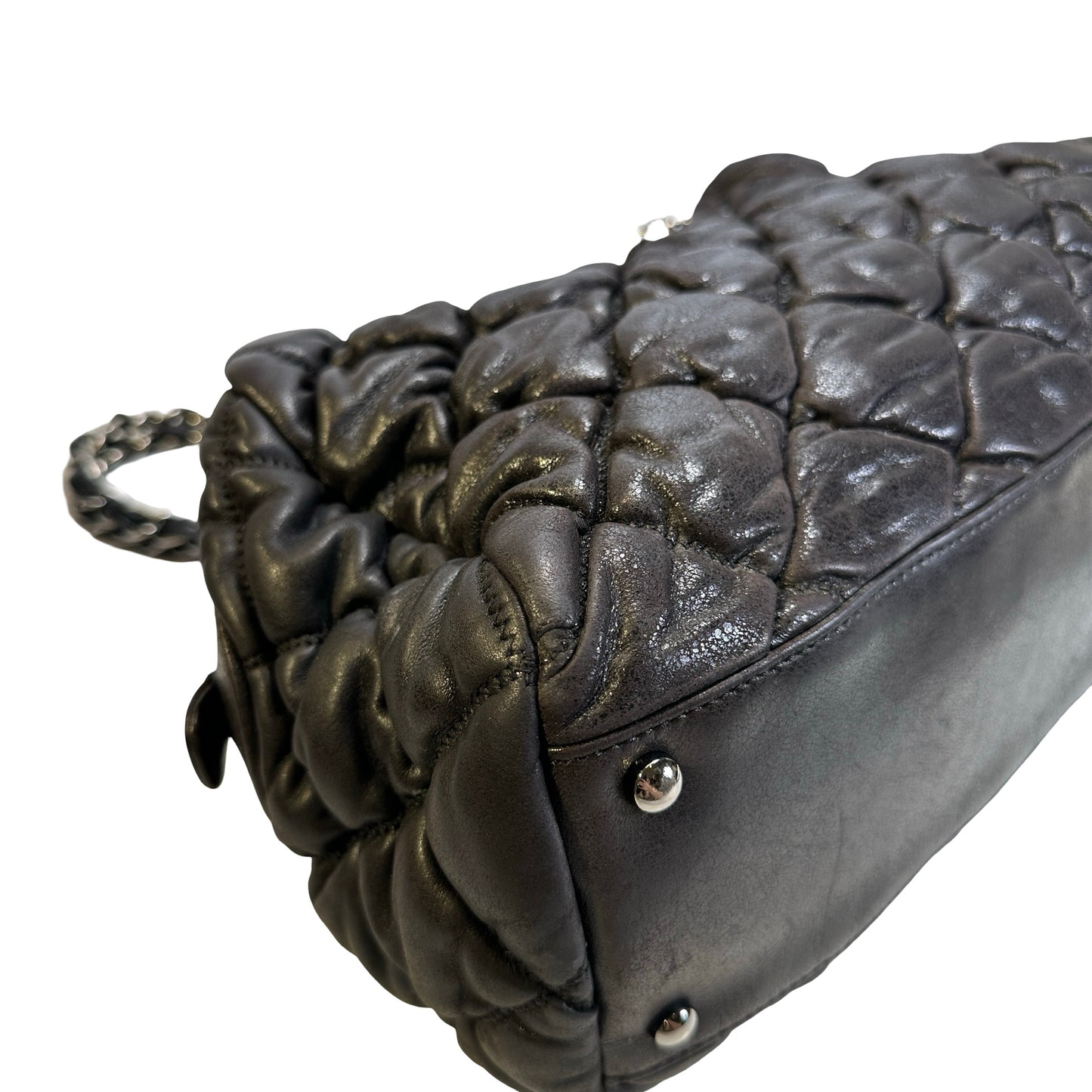 Used CHANEL Quilted Leather Bubble Quilted Bowler Bag Handbag Black Silver hardware