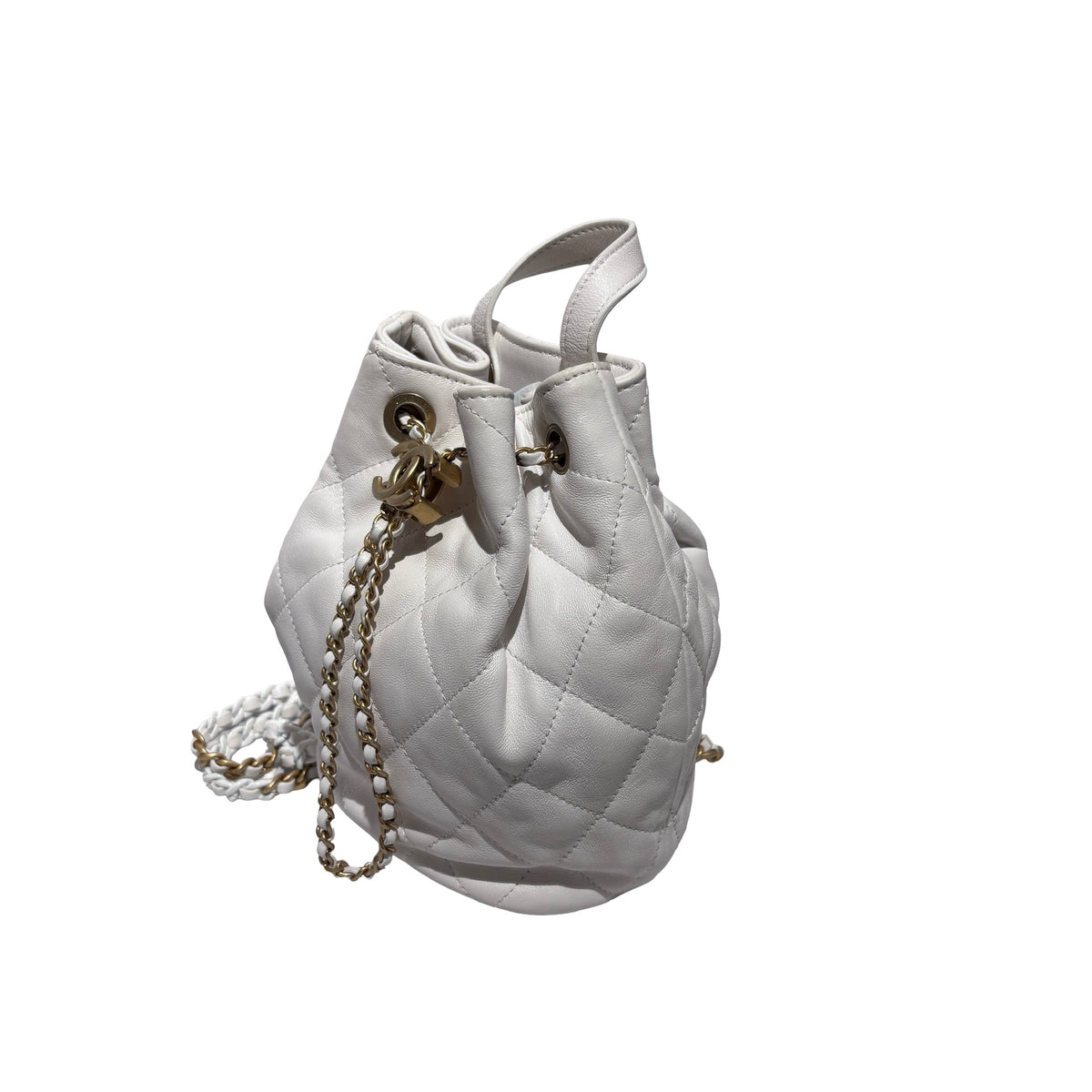 Used CHANEL Lambskin 22S Mini Drawstring Bucket Backpack Cross body bag White