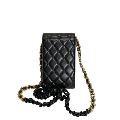 Used CHANEL Quilted Lambskin Chanel 19 Phone Holder Phone Bag Black Gold Ruthenium