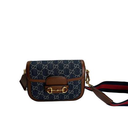 Used GUCCI GG Canvas Leather Trim Horsebit 1955 Mini Bag Shoulder Bag Blue Brown