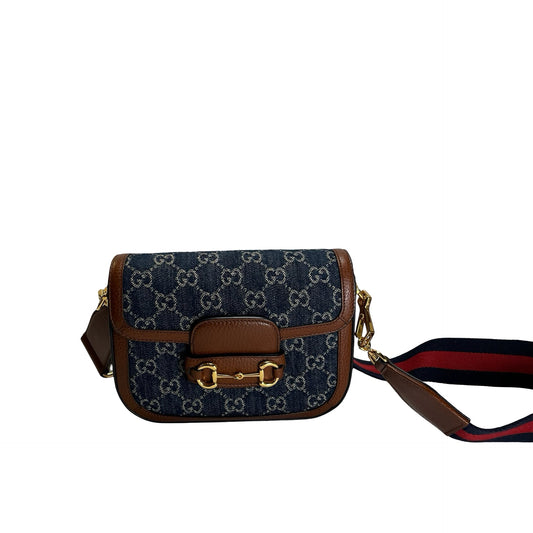 Used GUCCI GG Canvas Leather Trim Horsebit 1955 Mini Bag Shoulder Bag Blue Brown