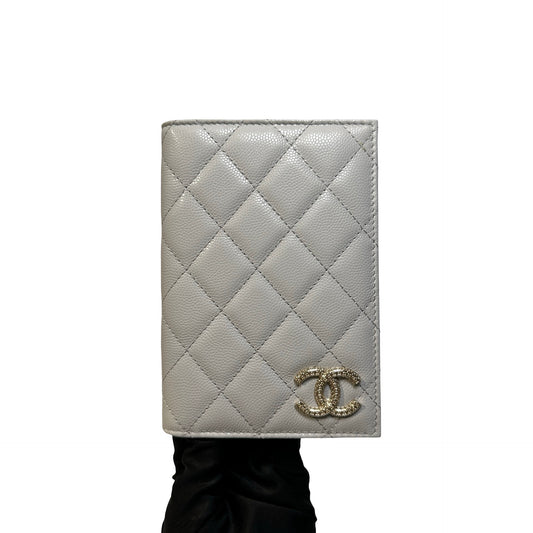 Used CHANEL Quilted Caviar Passport Case Passport case Light Grey Gold