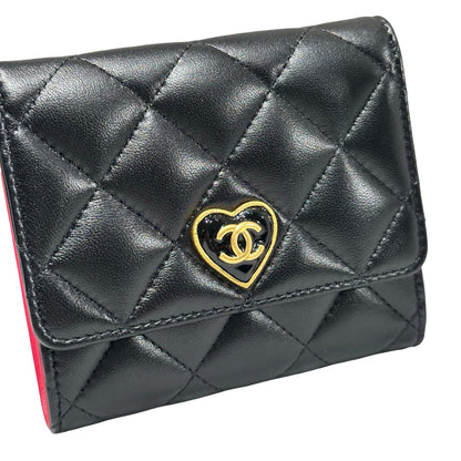Unused CHANEL Lambskin Leather Wallet Black GHW