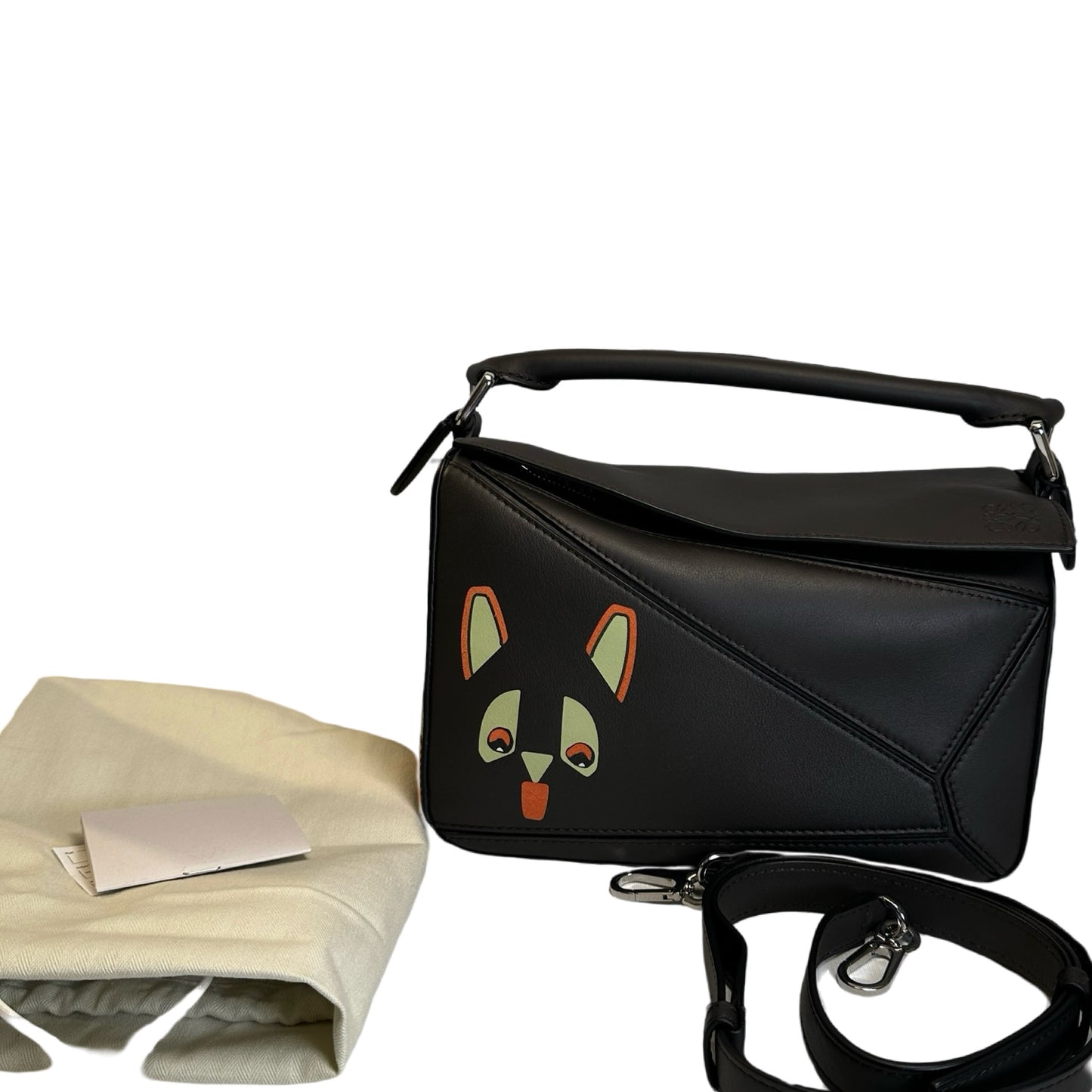 Used LOEWE Calfskin Puzzle Bag Small Shoulder Bag Black Orange Green