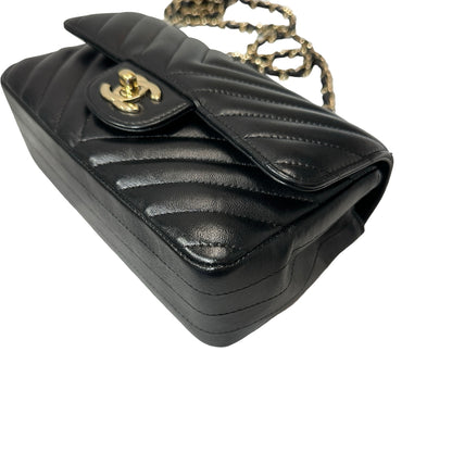 Used CHANEL Chevron Lambskin Leather Mini Square Flap Chain Shoulder Bag Black GHW