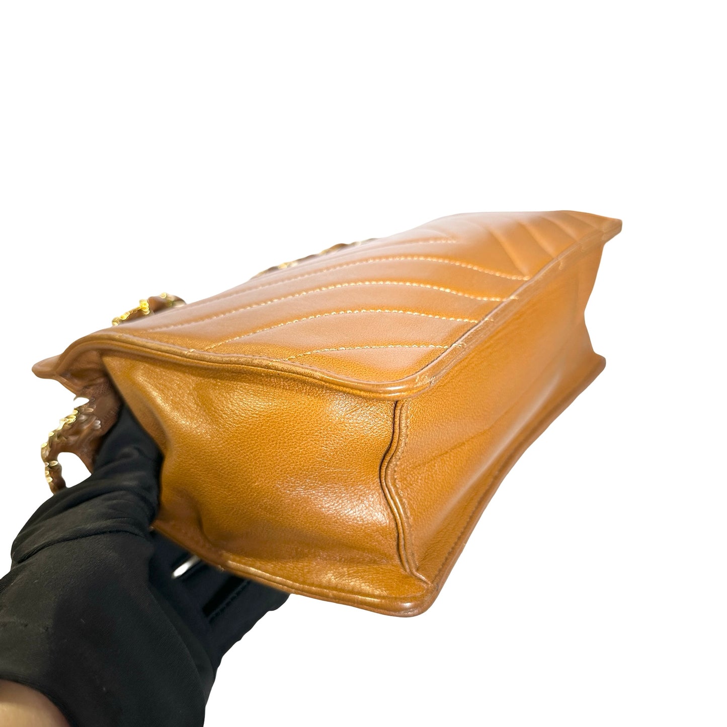 Used CHANEL Lambskin Leather Vintage lambskin chevron Cross Body Bag Brown GHW