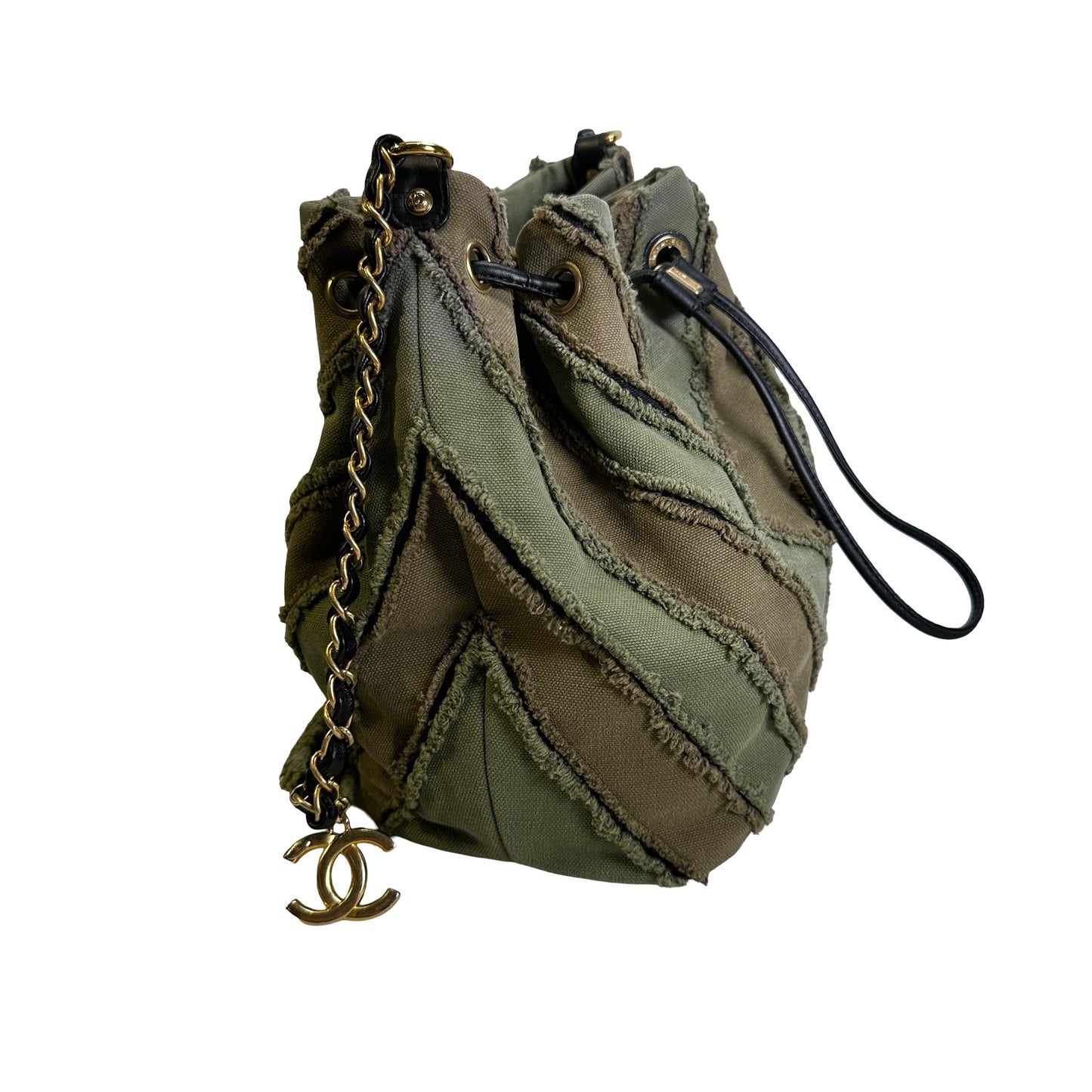 Used CHANEL Chevron Fringed Canvas Chevron Fringed Canvas Drawstring Bucket Bag Drawstring Bag Olive Green