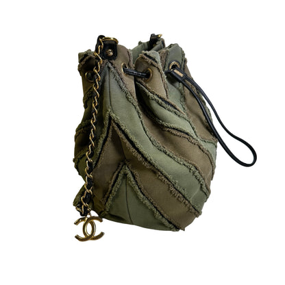Used CHANEL Chevron Fringed Canvas Chevron Fringed Canvas Drawstring Bucket Bag Drawstring Bag Olive Green