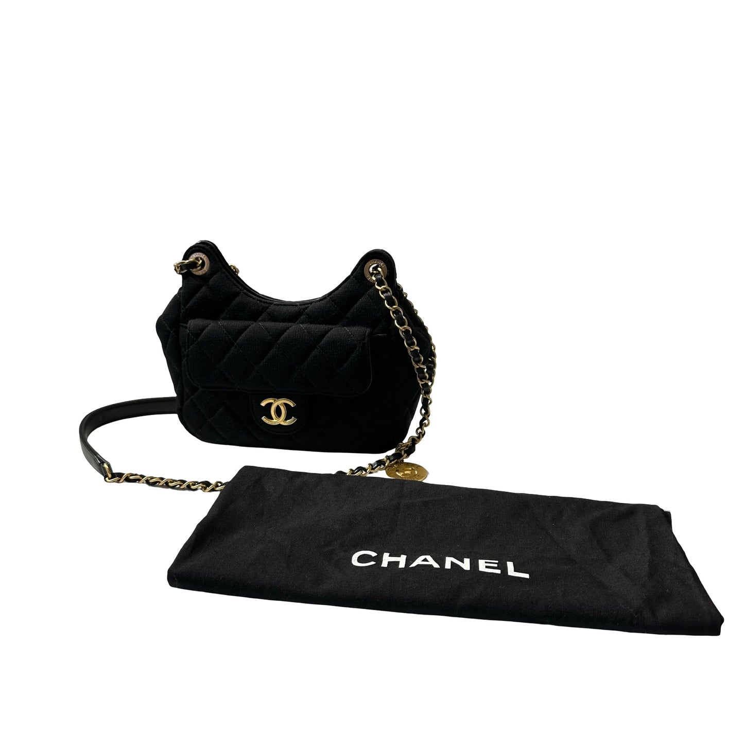 Used CHANEL Wool 23C hobo small wool jersey Shoulder Bag Black GHW