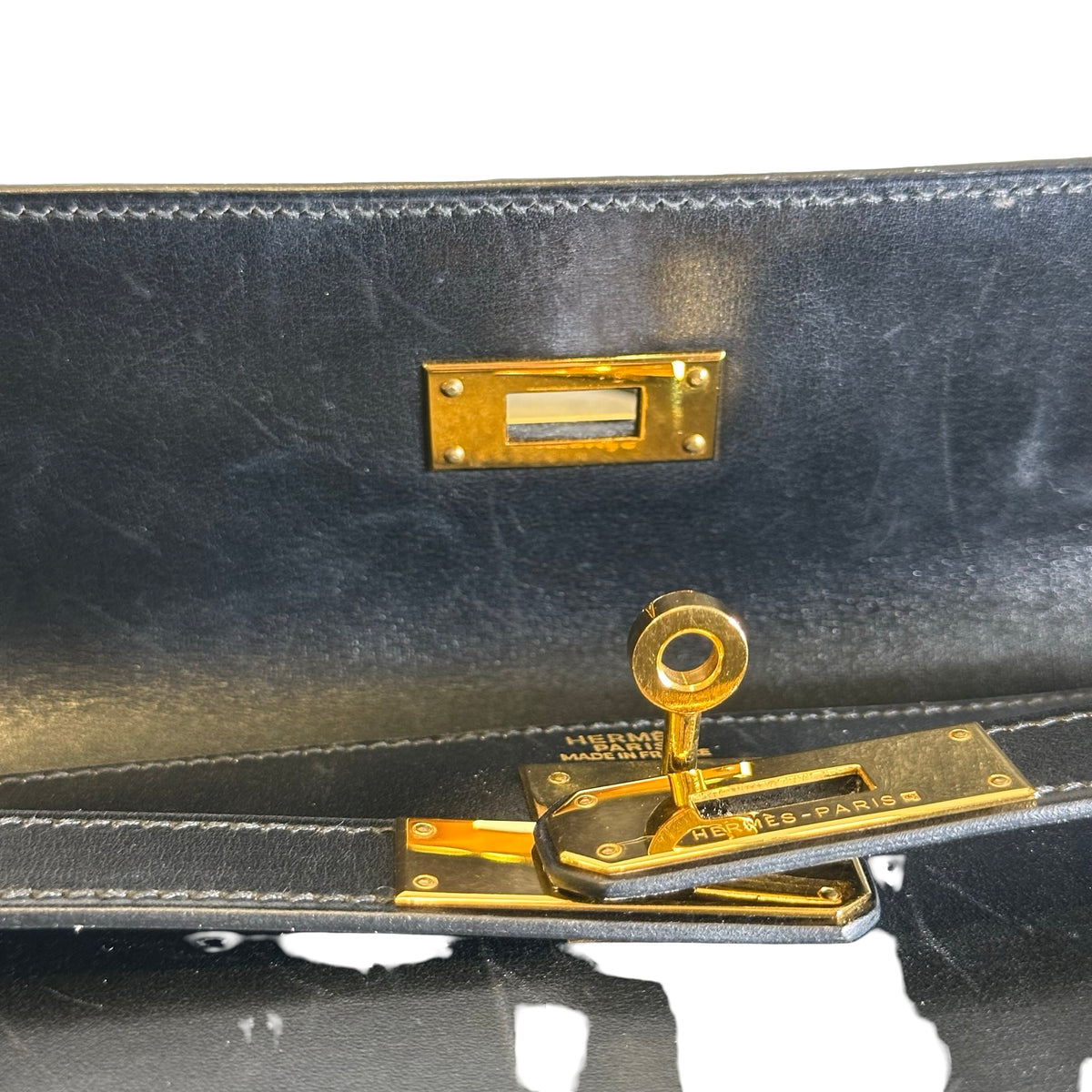 Used HERMES Box Calf Kelly 32 Handbag Black Gold