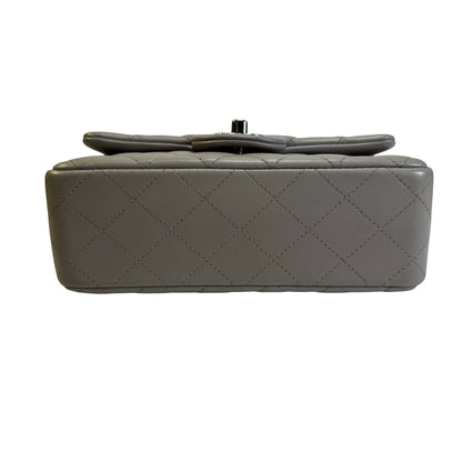 Used CHANEL Quilted Lambskin Mini Rectangular Flap Bag Shoulder Bag Grey Silver Hardware