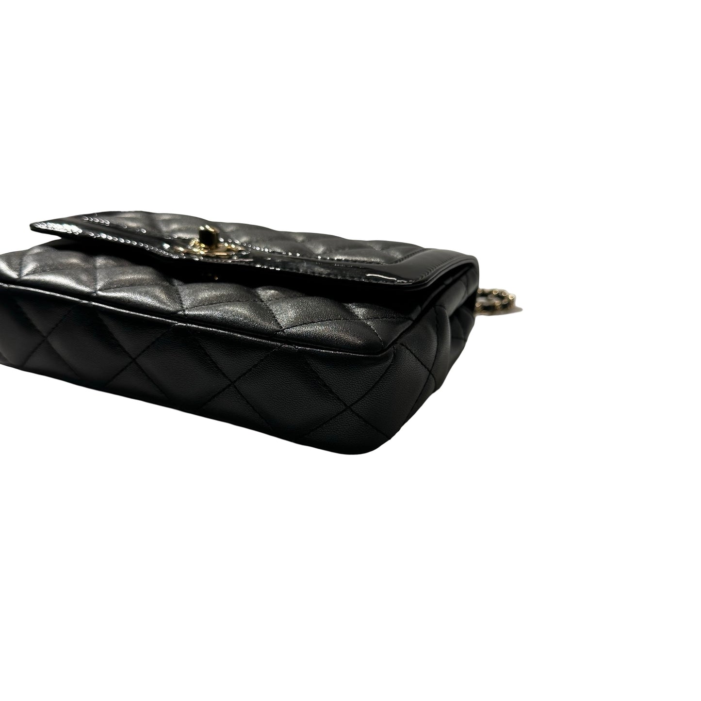 Used CHANEL Lambskin Leather Patent Leather Calfskin Leather 24B Flap Shoulder Bag Black PHW