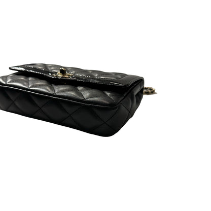 Used CHANEL Lambskin Leather Patent Leather Calfskin Leather 24B Flap Shoulder Bag Black PHW