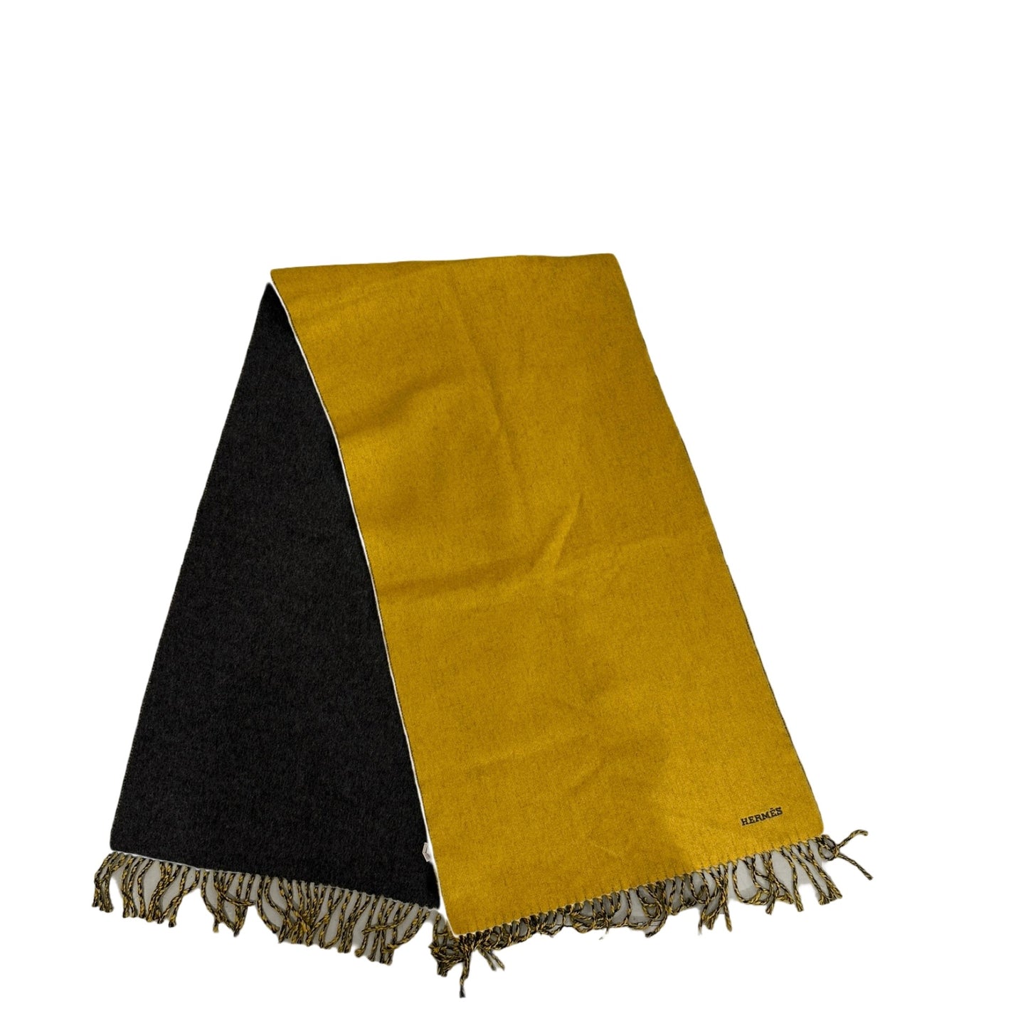 Used HERMES Solid Cashmere Muffler Scarf Yellow