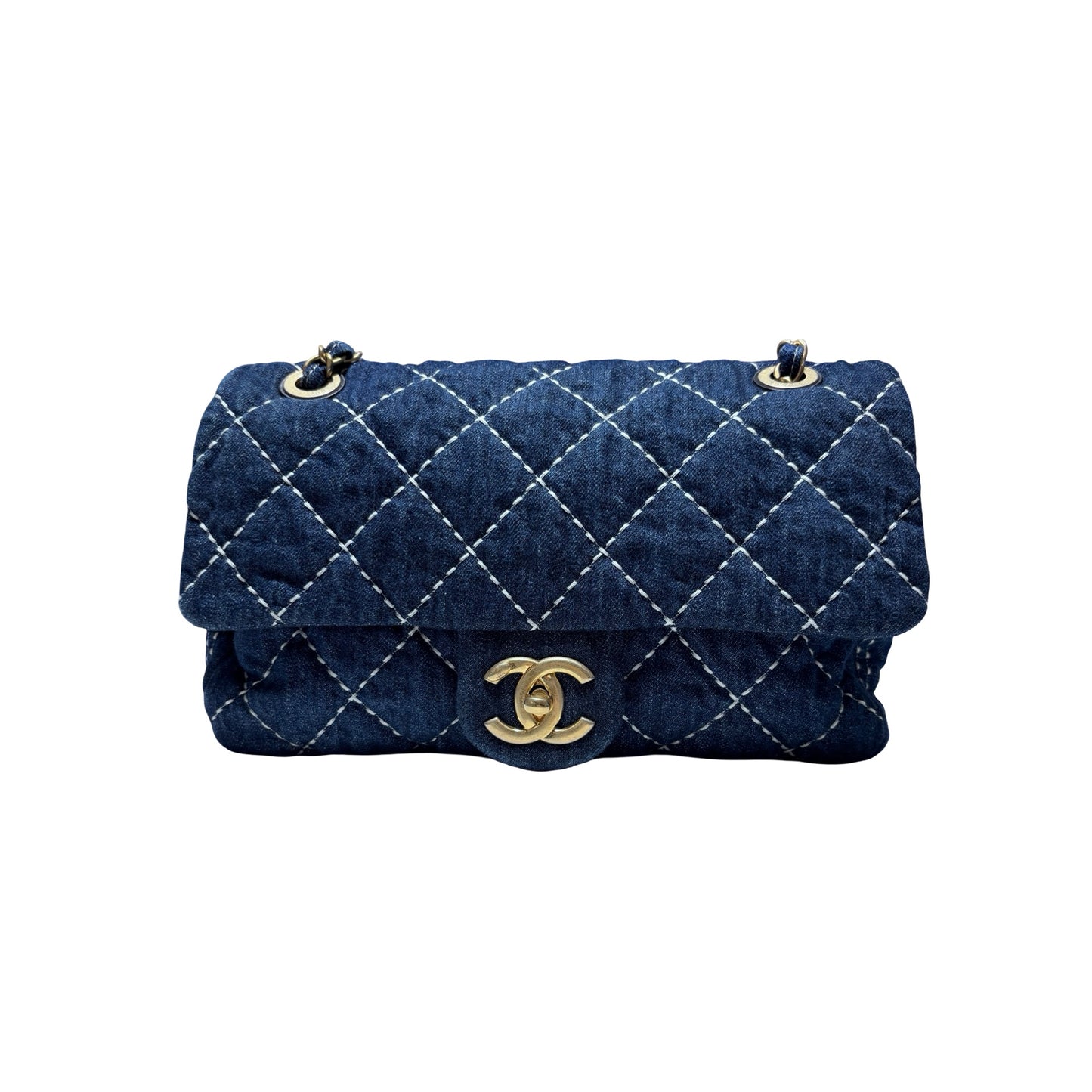 Used CHANEL Denim Classic Flap Medium Chain Shoulder Bag Navy Blue GHW