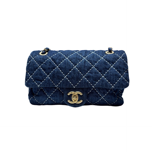 Used CHANEL Denim Classic Flap Medium Chain Shoulder Bag Navy Blue GHW