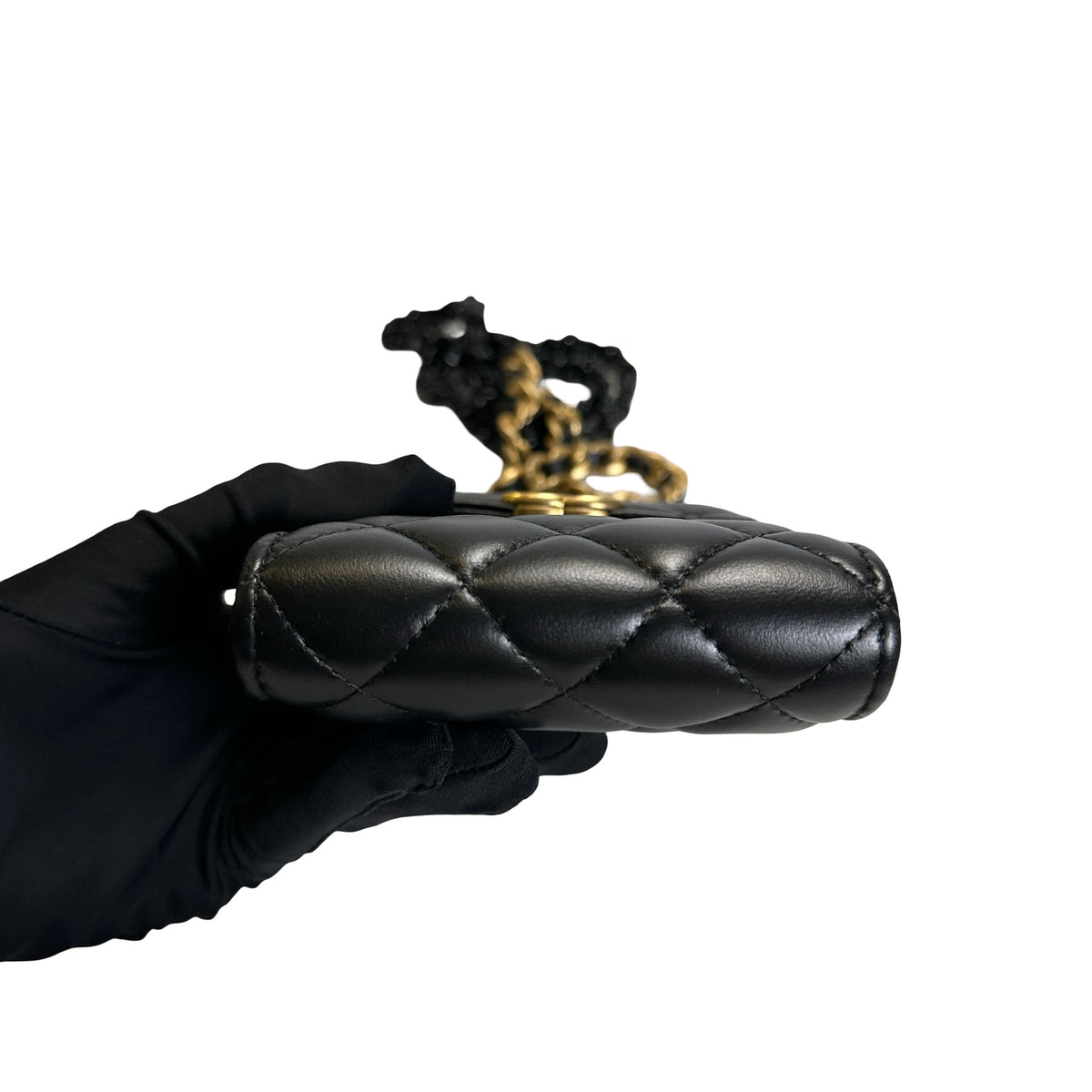 Used CHANEL Quilted Lambskin Chanel 19 Phone Holder Phone Bag Black Gold Ruthenium