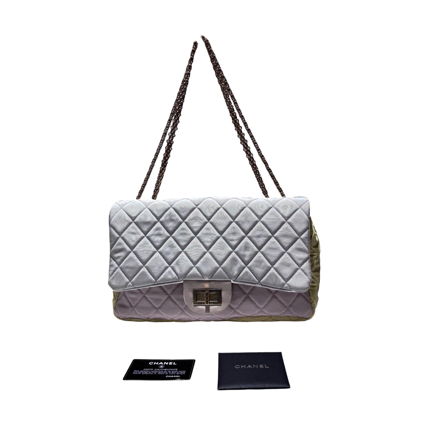 Used CHANEL Satin Reissue 2.55 Chain Shoulder Bag Grey Pink Yellow GHW