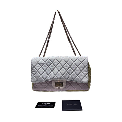 Used CHANEL Satin Reissue 2.55 Chain Shoulder Bag Grey Pink Yellow GHW
