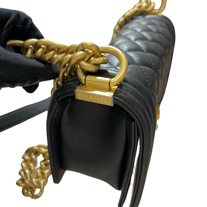 Used CHANEL Calfskin Leather Boy 20cm Shoulder Bag Black GHW