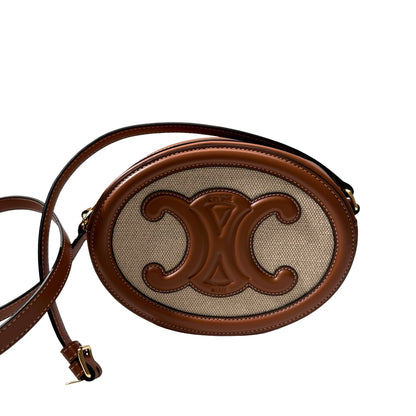 Used CELINE Canvas Leather Oval Purse Triomphe Cross Body Bag Brown Beige GHW