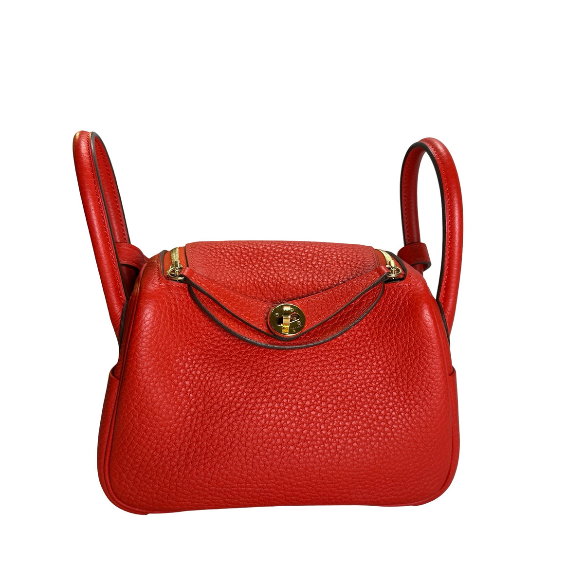 Used HERMES Togo Leather Mini Lindy Handbag Red GHW