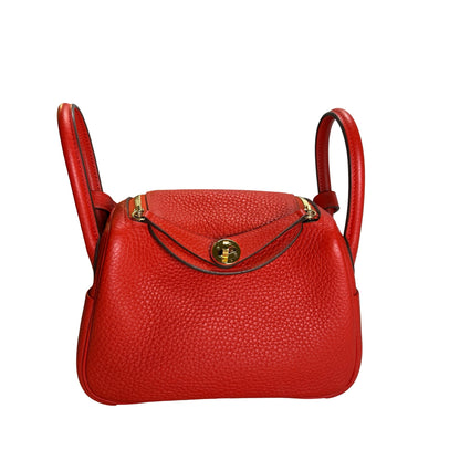 Used HERMES Togo Leather Mini Lindy Handbag Red GHW