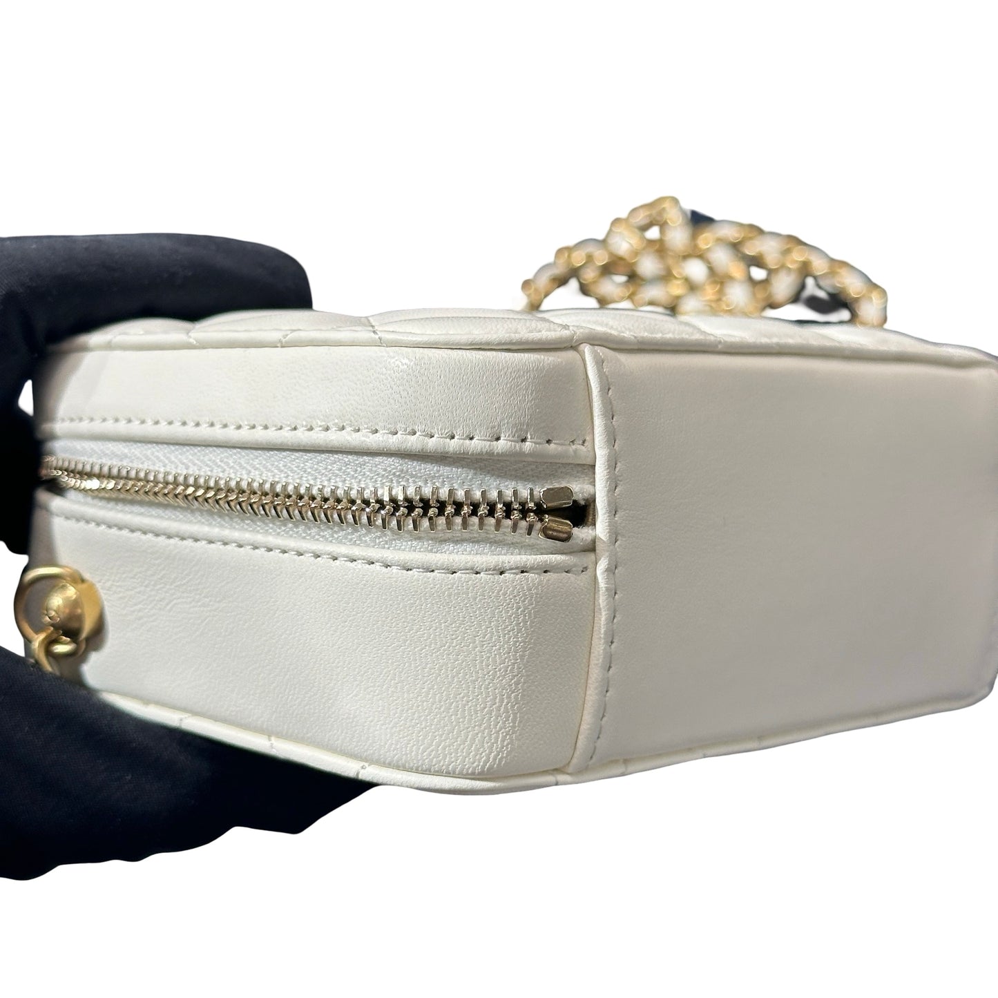 Used CHANEL Lambskin Leather Cross Body Bag GHW White