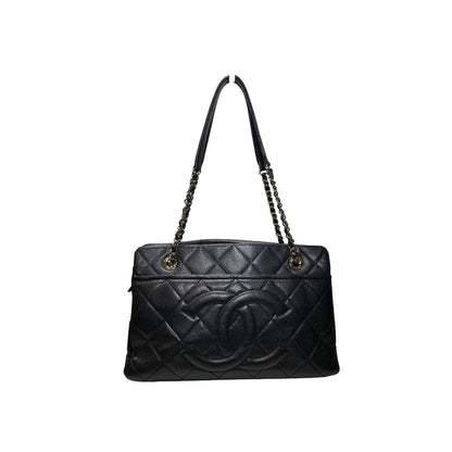 Used CHANEL Calfskin Leather Tote Bag Black GHW