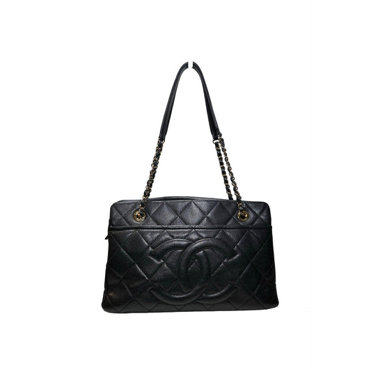 Used CHANEL Calfskin Leather Tote Bag Black GHW