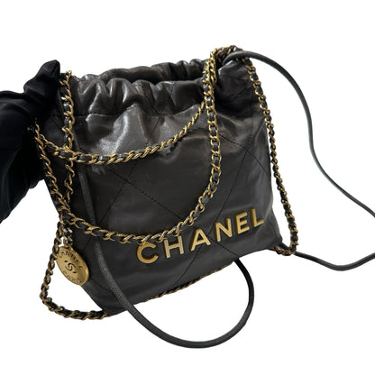 Used CHANEL Calfskin Leather Mini 22 Cross Body Bag Grey PHW