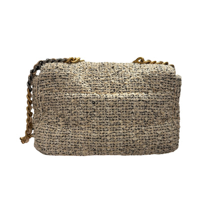 Used CHANEL Tweed 19 Small Cross Body Bag GHW Beige White
