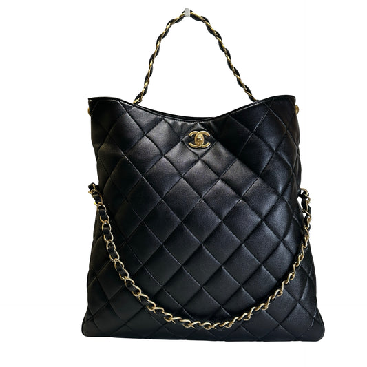 Used CHANEL Quilted Calfskin Hobo Bag Hobo Bag Black Gold