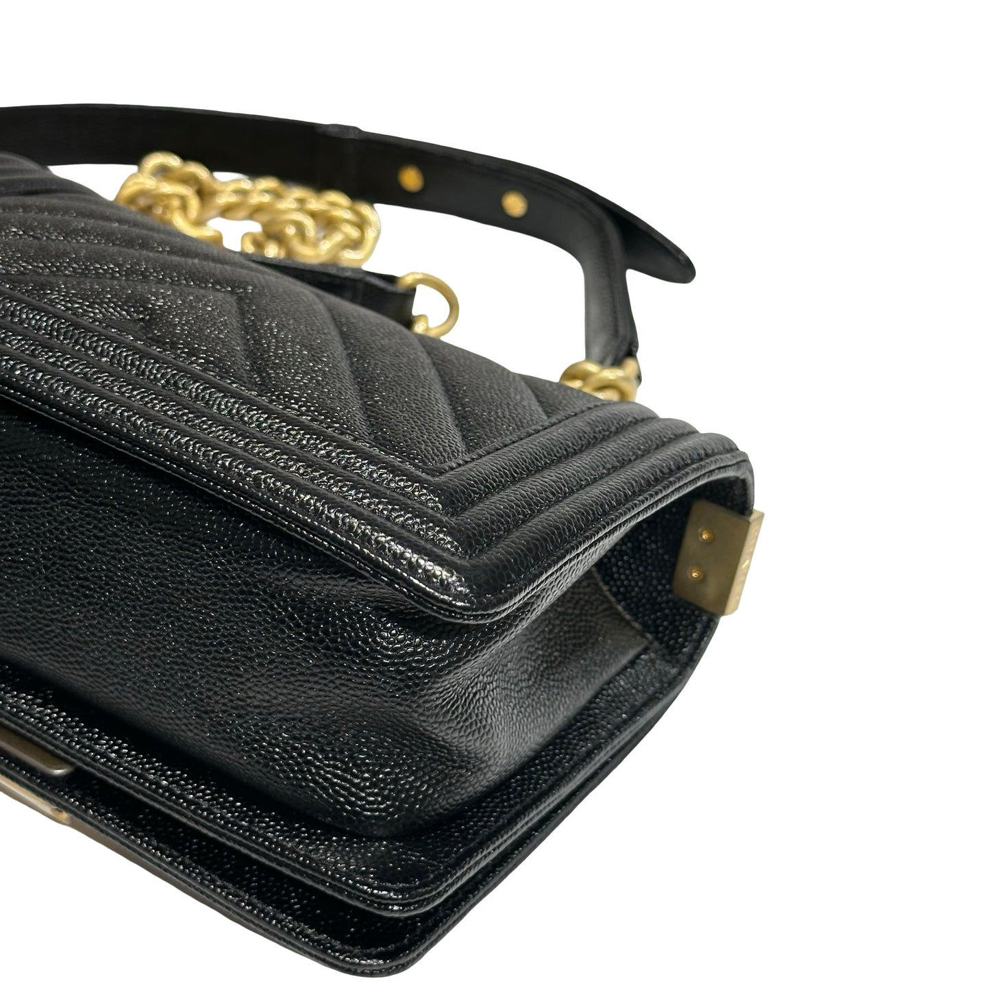 Used CHANEL Calfskin Leather Boy 20 V line Cross Body Bag Black GHW
