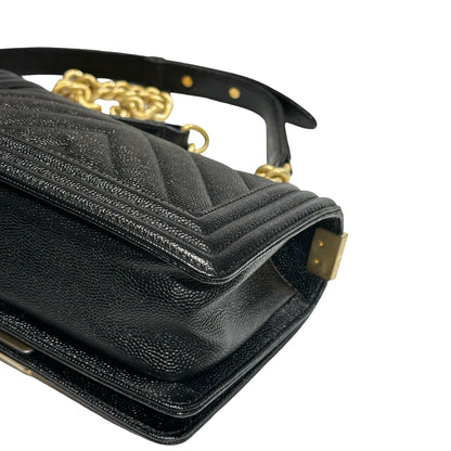 Used CHANEL Calfskin Leather Boy 20 V line Cross Body Bag Black GHW