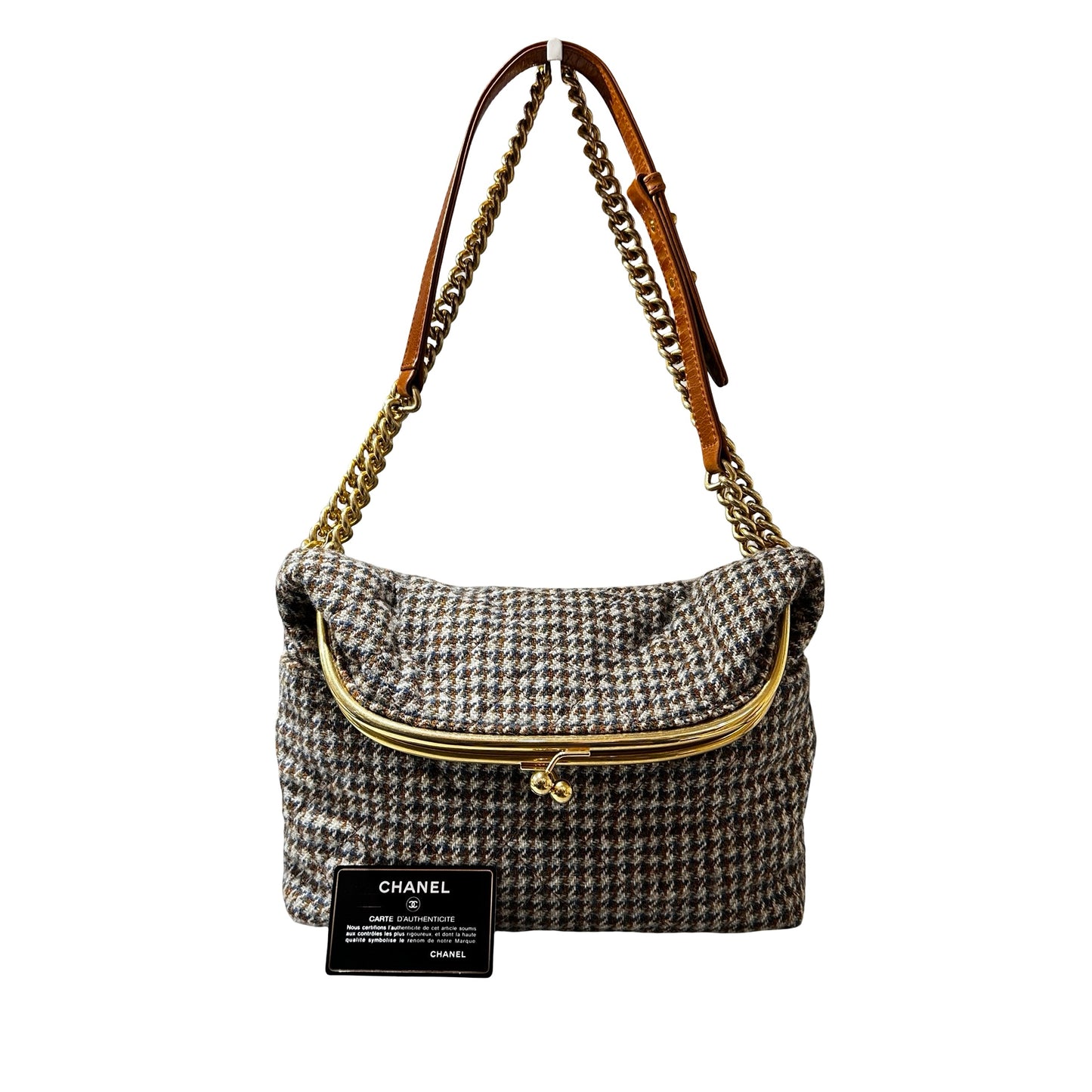 Used CHANEL Houndstooth Tweed Tabatiere Kiss Lock Chain Shoulder Bag Brown Blue Grey GHW