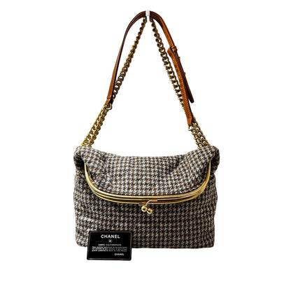 Used CHANEL Houndstooth Tweed Tabatiere Kiss Lock Chain Shoulder Bag Brown Blue Grey GHW