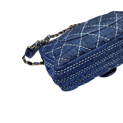 Used CHANEL Denim Classic Flap Medium Chain Shoulder Bag Navy Blue GHW