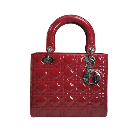 Used DIOR Cannage Patent Leather Lady Dior Handbag Red