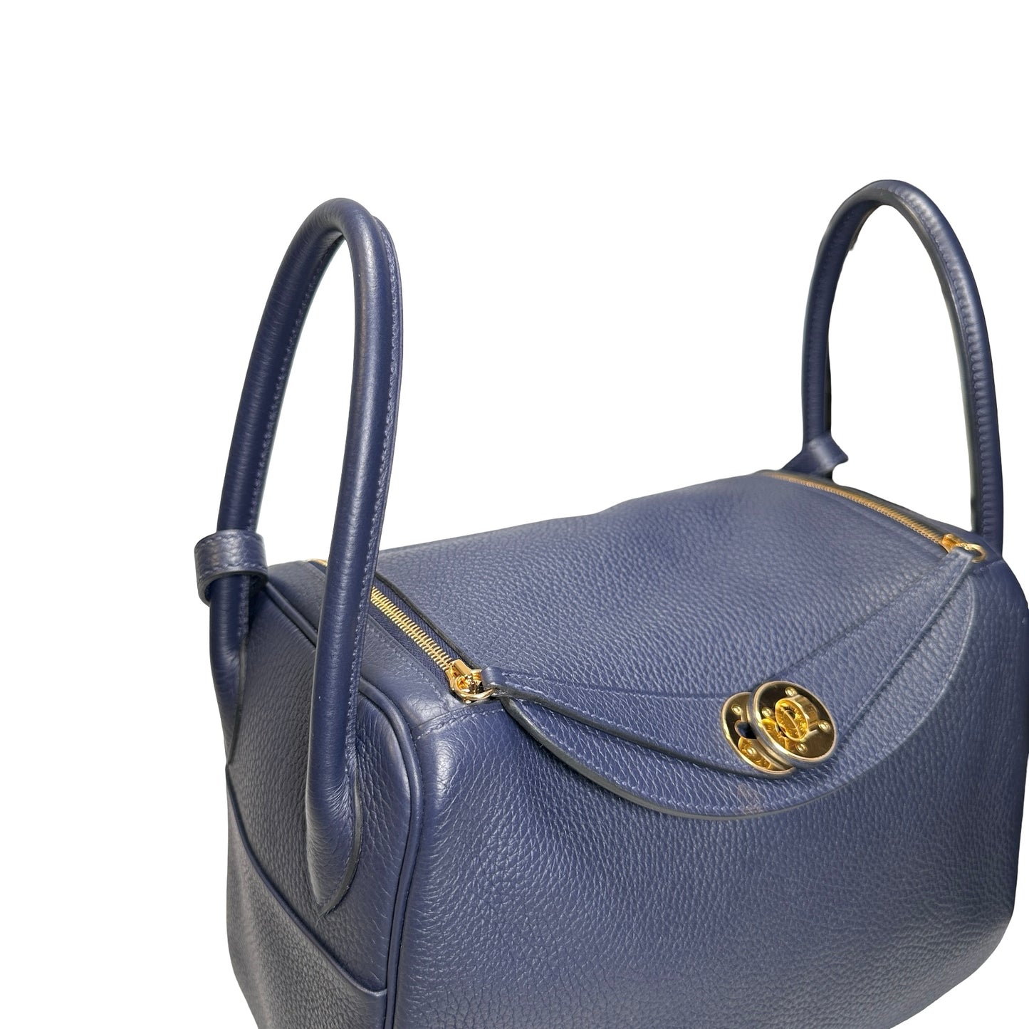 Used HERMES Clemence Lindy 26 Handbag Navy GHW