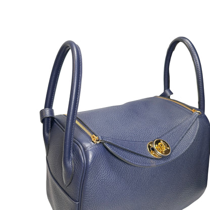 Used HERMES Clemence Lindy 26 Handbag Navy GHW