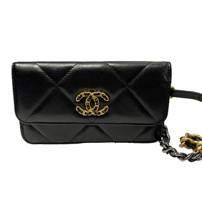 Used CHANEL Lambskin Leather 19 Belt Cross Body Bag Black GHW