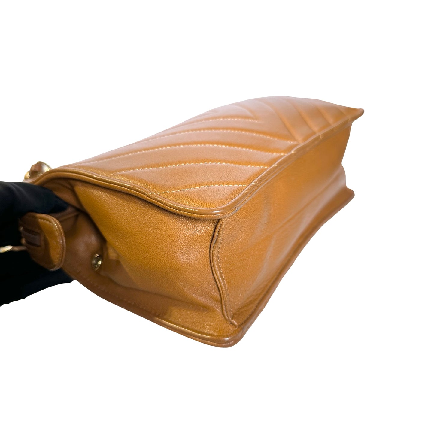 Used CHANEL Lambskin Leather Vintage lambskin chevron Cross Body Bag Brown GHW