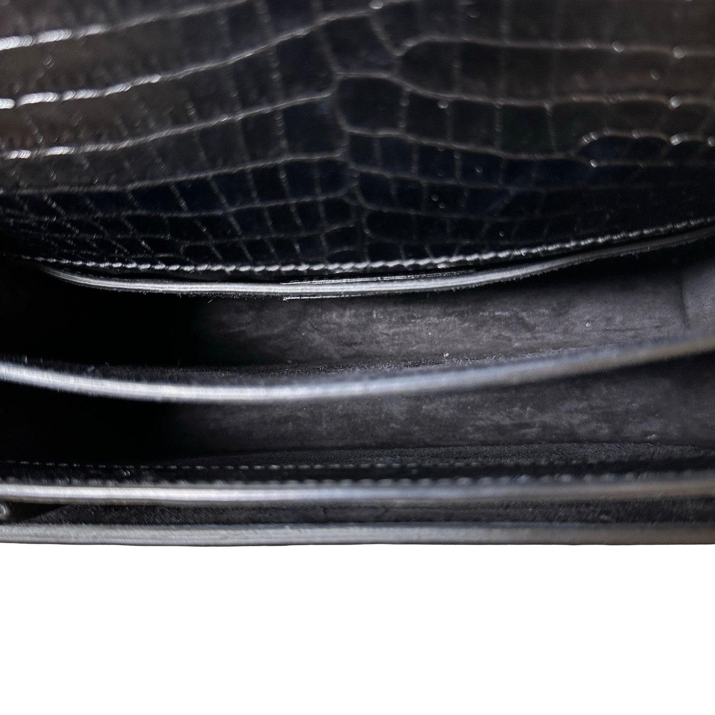SAINT LAURENT Crocodile Embossed Leather Sunset Chain Shoulder Bag Black PHW