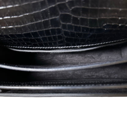 SAINT LAURENT Crocodile Embossed Leather Sunset Chain Shoulder Bag Black PHW